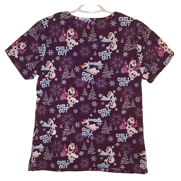 DISNEY Frozen Women's Scrub Top Olaf "Chill Out" Purple XS EUC - Picture 2 of 3